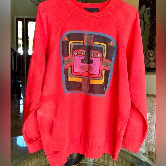 Laurel Burch Vintage Indigenous Mask Graphic Printed Red Sweatshirt Size Large - Picture 1 of 8